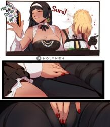 2girls 3koma artist_name astra_yao astra_yao_(chandelier) bare_shoulders black_dress black_gloves black_hair blonde_hair blunt_bangs blush breasts cameltoe choker cleavage closed_eyes detached_sleeves dress earrings evelyn_chevalier female_only fingering fingering_through_clothes food fork halterneck hand_on_another's_thigh headband heart hi_res holding holymeh large_breasts long_hair looking_down necktie photo_(object) salad simple_background sleeveless smile straps table text thigh_strap under_the_table white_background white_shirt yuri zenless_zone_zero