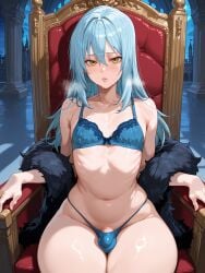 ai_generated blue_bra blue_hair blue_jacket blue_panties bra bulge bulge_under_clothes cute cute_face cute_male femboy feminine feminine_body feminine_faced_male feminine_male feminization jacket rimuru_tempest tensei_shitara_slime_datta_ken thick_thighs thong throne yellow_eyes zakdelart