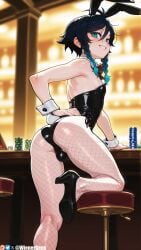 1boy ai_generated animal_ears aqua_eyes ass bar_(place) bare_shoulders black_footwear black_hair black_leotard blue_hair blurry blurry_background blush bow bowtie braid bulge crossdressing detached_collar fake_animal_ears fake_tail fishnet_pantyhose fishnets from_behind genshin_impact gradient_hair green_eyes grin high_heels indoors leotard light-skinned_male looking_at_viewer looking_back male male_focus male_only male_playboy_bunny multicolored_hair otoko_no_ko pantyhose playboy_bunny poker_chip rabbit_ears rabbit_tail red_bow short_hair_with_long_locks side-tie_leotard smile solo strapless strapless_leotard table tail twin_braids venti_(genshin_impact) wienergens wrist_cuffs