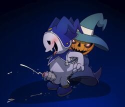 anal anal_sex argon_vile atlus balls blush bodily_fluids clothing cum duo food for_a_head fruit genital_fluids genitals handjob hat headgear headwear hi_res imp jack_frost_(megami_tensei) male male/male megami_tensei object_head orgasm penetration penile penis plant pumpkin pumpkin_head pyro_jack_(megami_tensei) reach_around sega sex tongue tongue_out translucent translucent_penis