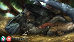 16:9 after_anal animal_genitalia bite bodily_fluids capcom cum cum_in_ass cum_inside cum_on_ground cum_on_self cumshot dragon dreamworks duo ejaculation erection european_mythology feral feral_on_feral flying_wyvern from_behind_position fury_(httyd) genital_fluids genital_slit genitals hi_res how_to_train_your_dragon lying male male/male monster_hunter moonski mythological_creature mythological_scalie mythology nargacuga night_fury on_side penile_spines penis pull_out ridged_penis scalie sex size_difference skymer_(character) spoon_position tail_anus western_dragon widescreen wyvern