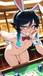 1boy ai_generated animal_ears aqua_eyes aqua_hair artist_name black_hair blue_hair blurry blurry_background blush bow bowtie braid card detached_collar elbow_rest erection fake_animal_ears fake_tail fingernails genshin_impact gradient_hair grin hair_between_eyes hairband hand_on_own_cheek hand_on_own_face head_rest heart indoors leaning_forward light-skinned_male looking_at_viewer male male_focus male_only male_playboy_bunny multicolored_hair navel nipples nude otoko_no_ko patreon_username penis playing_card poker_chip rabbit_ears rabbit_tail red_bow red_bowtie short_hair_with_long_locks smile solo table tail teeth testicles twin_braids uncensored venti_(genshin_impact) wienergens wrist_cuffs