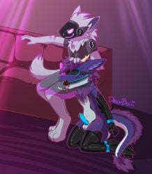 absurd_res ankles_tied anthro armwear balls bent_legs blindfold bodily_fluids bondage bound clothing cuff_(restraint) cuffed_ankles cuffed_wrists davyboi dominant dominant_male dragon dripping duo furniture gag gagged gagged_drooling genital_fluids genitals hair hands_behind_back hands_tied hands_tied_behind_back headpat hi_res kneeling latex latex_armwear latex_clothing latex_legwear legwear machine male male/male moan muffled muffled_moaning muffled_speech mythological_creature mythological_scalie mythology open_mouth penis precum precum_drip protogen restraints ring_gag scalie sofa submissive submissive_male throbbing throbbing_penis tongue tongue_out