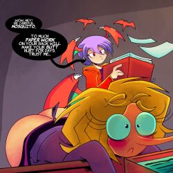 ass ass_exposed bending_over blonde_hair blushing busty dialogue embarassed embarrassed embarrassed_female long_nose patty_(pepperonpatty) purple_hair wings_on_head