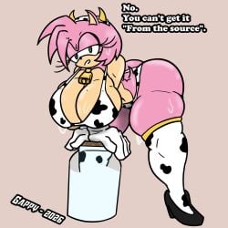 1girls amy_rose artist_request big_breasts bikini breasts caption cleavage cow_print english_text female hedgehog large_breasts leaning_forward looking_at_viewer milk sonic_(series) sonic_the_hedgehog_(series) sweat tagme thighhighs