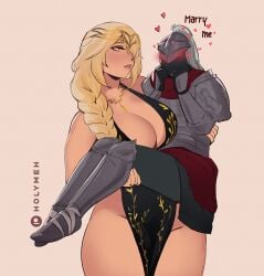 1boy 1girls armor big_breasts blonde_hair braid braided_hair carrying curvy curvy_figure cute diadem elden_ring fanart female flush flushed flushed_face heart hips holy_meh holymeh knight long_hair marika marry_me necklace neckline pin_up_girl queen_marika queen_marika_the_eternal sexy strong_woman tarnished