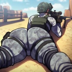 1boy ai_generated army ass_bigger_than_head blackwhiplash_(imitation) camouflage desert from_behind gloves helmet huge_ass male male_only military_uniform muscular novelai outdoors pants rear_view sniper sniper_rifle solo straps thick_thighs