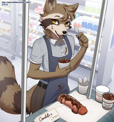 1boy anthro apron brown_body brown_fur candy chocolate clothed clothing cutlery dessert erection food food_fetish food_play fur furry genitals hi_res kitchen_utensils large_penis looking_at_viewer male male_only mammal open_mouth open_smile partially_clothed penis penis_out procyonid pudding raccoon riska_(artist) ryai_(character) shopping_cart smile solo spoon supermarket teeth text tools url white_body white_fur yellow_eyes