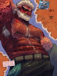 male male_only bara muscles muscular barazoku furry anthro zenless_zone_zero big_daddy_(zenless_zone_zero) sus_(pig) suina facial_hair beard tusks sunglasses white_hair red_skin solo solo_male miauarf cratty_wan shirtless body_hair hand_behind_head tattoo armpit armpit_hair nipple_piercing