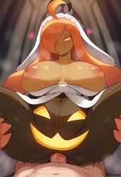 1boy 1boy1girl 1girls 777form777 ai_generated anal anal_cowgirl anal_juice anal_sex anus blush breasts breasts_out bride cathedral cowgirl_position female female_pokemon flower flower_hairband gourgeist half-dressed happy heart holding_legs_up huge_breasts long_hair looking_at_viewer makeup male motion_lines nipples no_pupils orange_hair penis penis_in_ass pokemon pokemon_xy pov_crotch pov_eye_contact pussy sex simple_background smile sweat thick_thighs thighhighs thighs vagina wedding_dress wedding_veil yellow_eyes