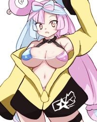 bikini blush iono_(pokemon) large_breasts one_arm_up open_jacket open_mouth panty_peek pink_panties pokemon pokemon_sv retori_tori thick_thighs thigh_strap thighs