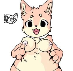 anthro arm_tuft belly_grab belly_overhang belly_tuft breast_play breast_squish breasts canid canine cheek_tuft circle_eyebrows claws deep_navel digital_media_(artwork) eyebrows facial_tuft fangs female finger_claws fox fur furrowed_brow inner_ear_fluff kaysei_(artist) mammal multicolored_body navel nipples open_mouth overweight overweight_anthro overweight_female pink_body pink_fur pink_nipples raised_eyebrow shaded shoulder_tuft simple_background simple_shading solo squish tan_body tan_fur teeth tuft two_tone_body