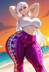 ai_generated belfast_(azur_lane) big_breasts cameltoe child_bearing_hips crop_top curvy curvy_female curvy_figure dreamcoreart flare_pants large_breasts long_hair long_hair_female purple_eyes seductive_pose solo_female white_hair wide_hips
