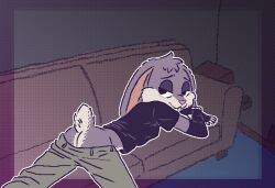 anthro ass bottomwear bottomwear_down butt_focus clothed clothing colored digital_media_(artwork) exposed_butt furniture half-closed_eyes hi_res inside ircluzar lagomorph leporid looking_at_viewer lying male mammal narrowed_eyes on_front outline pants pants_down partial_nudity partially_clothed pixel_(artwork) presenting presenting_hindquarters rabbit shaded smug sofa solo violet_bunny