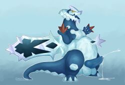 absurd_res anthro balls baxcalibur belly blue_body blush bodily_fluids claws cum cumshot digital_media_(artwork) ejaculation erection gay gay_male generation_9_pokemon genital_fluids genitals hi_res homosexual homosexual_male looking_at_viewer male male/male male_only male_penetrating mega_baxcalibur mega_evolution nintendo oliviwott open_mouth penis pokemon pokemon_(species) simple_background smile solo tail