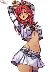 1girls arms_up bare_midriff bare_thighs brown_skin curvy dark-skinned_female dark_skin female fire_emblem fire_emblem:_three_houses hapi_(fire_emblem) inviting lips looking_at_viewer medium_breasts medium_hair minacream nintendo no_bra open_clothes red_eyes red_hair seductive seductive_smile skirt smile solo solo_female thighhighs white_background wide_hips