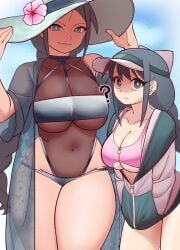 2girls ? big_breasts bikini brownish_hare flower jacket looking_at_viewer milf mother_and_daughter mother_and_daughter_(lore) navel open_jacket skimpy smile sun_hat thick thick_legs thick_thighs veronica_(brownish_hare) very_long_hair vivianne_(brownish_hare)