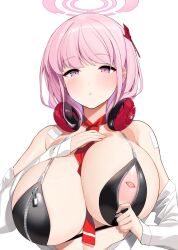 1girls artist_request big_breasts bikini blue_archive blush eimi_(blue_archive) halo headphones headphones_around_neck inverted_nipples millennium_science_school_student nipples pink_hair shirt tie_between_breasts zipper zipper_bikini zipper_down