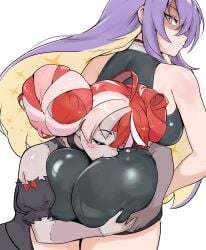 arms_around_waist biting_butt closed_eyes_female face_in_ass hololive hololive_indonesia katoshseisou kureiji_ollie looking_at_viewer moona_hoshinova round_butt