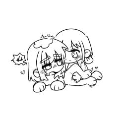 2girls amondo_ra_mi blush chibi chibi_only closed_mouth commentary ear_blush fingering girls_band_cry greyscale hashtag-only_commentary heart highres iseri_nina kawaragi_momoka long_hair looking_at_another monochrome multicolored_hair multiple_girls nude open_mouth roots_(hair) sexualized_chibi short_twintails twintails yuri