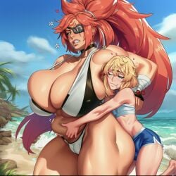 1boy 1girls 2d ai_generated amputee anger_vein annoyed annoyed_expression annoyed_face ass baiken bandages beach belly_grab big_ass big_breasts big_butt big_hair big_thighs bikini blonde_hair blue_sky breasts bridget bulge cameltoe chest_sarashi choker cleavage clenched_teeth curvy day drooling eyepatch facial_tattoo femboy femboy_with_female gigantic_breasts grabbing_belly guilty_gear heart height_difference hug hug_from_behind huge_breasts large_ass large_breasts large_butt large_thighs long_hair massive_breasts medium_hair multicolored_clothes muscular muscular_female navel ocean one-eyed onilapper otoko_no_ko outdoors pink_hair plump ponytail public red_hair sarashi scar scar_across_eye scar_on_face shorts sky straight swimsuit tall_female tattoo teeth thick_ass thick_butt thick_thighs thighs veins very_long_hair