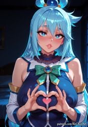 2025 ai_generated anime aqua aqua_(konosuba) aqua_\\\\\\\\(konosuba\\\\\\\\) bangs bare_shoulders blue_eyes blue_hair blue_shirt blush bow breasts cleavage covered_nipples crossover detached_sleeves eye_contact female female_focus female_only flushed hair_accessory hair_between_eyes hair_ornament hair_rings heart heart-shaped_pupils heart_hands heart_in_eye highres huge_breasts indoors inside kono_subarashii_sekai_ni_shukufuku_wo! konosuba large_breasts lips long_hair looking_at_viewer nsfw parted_lips patreon patreon_username rognezart solo symbol-shaped_pupils upper_body very_long_hair