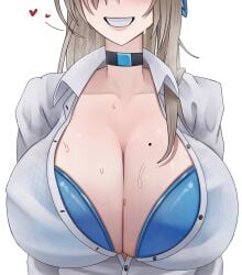 1girls artist_request asuna_(blue_archive) asuna_(school_uniform)_(blue_archive) big_breasts blue_archive blue_bra boob_window bra bra_peek bra_visible_through_clothes breasts button_down_shirt buttons cleaning_&_clearing_(blue_archive) millennium_science_school_student mole_on_breast shirt smiling sweatdrop sweaty_breasts