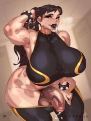 1futa adjusting_hair armpits arms_behind_head bare_shoulders black_panties blurry_background blush breedable_hips brown_eyes brown_hair chun-li female futa_only futanari goth goth_girl hair_bun heavy_breathing intersex large_breasts large_penis large_testicles lifting_own_clothes long_hair milf muscular muscular_female muscular_futa orresu precum pubic_hair shiny_skin simple_background spiked_bracelet sports_bra sportswear street_fighter sweat sweatdrop tagme thick_thighs tight_clothing veiny_penis wide_hips