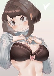 1girls abs blush bob_cut bra breasts brown_eyes brown_hair cleavage female female_only fit_female large_breasts midriff my_hero_academia navel ochako_uraraka solo tagme upper_body zd_(pixiv6210083) zx623723