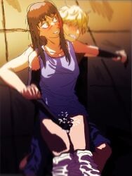 1boy 1girls bare_shoulders black_hair black_hair_female blonde_hair blonde_male blush chainsaw_man clothed coercion cum cum_on_legs cum_on_thighs denji_(chainsaw_man) erect_nipples eyes_in_shadow gloves hairy_pussy outdoors pants_down penis_between_thighs pleased raped_by_enemy raped_by_friend raped_male sitting_on_lap tank_top thigh_sex thighs yoru_(chainsaw_man)