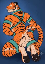 absurd_res anthro anus athletic athletic_anthro athletic_male balls barely_visible_genitalia barely_visible_penis black_claws black_pawpads butt claws closed_smile collar ear_piercing felid fur gauged_ear genitals glistening glistening_eyes green_eyes harness hi_res hufnaar kneeling looking_at_viewer male male_anthro mammal markings mouth_closed narrowed_eyes nude orange_body orange_fur pantherine pawpads penis piercing presenting presenting_anus rear_view red_penis simple_background smile solo spread_butt spreading striped_arms striped_legs striped_markings striped_tail stripes tail tail_markings tan_balls tan_body tan_fur teal_collar teal_harness tiger whiskers