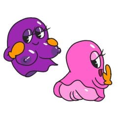 back_view eyelashes front_view ghost jk-kino orange_gloves pac-man_(series) pink_anus pink_arms pink_eyelids pink_pussy pink_skin pinky_(pac-man) purple_arms purple_body purple_breasts purple_eyelids purple_nipples smiling sue_(pac-man)