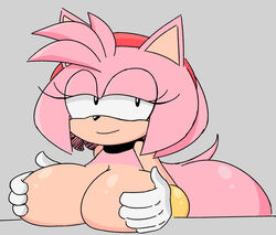 amy_rose anthro big_breasts breast_rest breasts clothing eulipotyphlan female gloves gloves_only handwear handwear_only hedgehog hi_res holding_breast huge_breasts looking_at_viewer mammal mostly_nude moxydamon sega simple_background slight_smile smile smug solo sonic_(series)