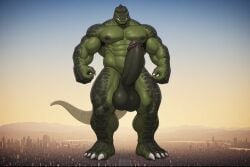 ai_generated black_scales cinematic city dinosaur_humanoid drawn erect_penis green_skin humanoid humanoid_feet humanoid_genitalia humanoid_hands hyper_muscular landscape macro_male micro_city muscular_anthro muscular_arms muscular_biceps muscular_body muscular_legs muscular_thighs orange_eyes original_character perchance_ai prehistoric_species scales scalie tyrannosaurid