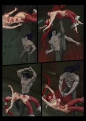 1boy big_ass big_breasts blood_on_breasts defeated defeated_heroine doomed_superheroine erza_scarlet feather_(artist) guro heroine_in_trouble kicking perfect_body red_hair ryona torn_clothes torture