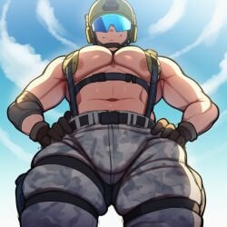1boy ai_generated army belt blackwhiplash_(imitation) camouflage from_below gloves hands_on_hips helmet helmet_with_visor huge_pecs looking_down low-angle_view male male_only military_uniform muscular navel nipples novelai outdoors pants smirk solo straps sweat thick_thighs visor