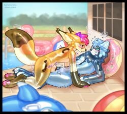 ailurid animate_inanimate anthro bulge bulge_frottage canid canine duo fennec_fox fox frottage handles_on_arms handles_on_hips hi_res inflatable living_inflatable maefeline male male/male mammal null_bulge onomatopoeia penile penises_touching pool pool_toy poolside red_panda sex sound_effects text translucent true_fox
