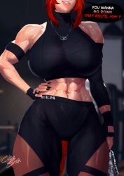 abs athletic athletic_female big_breasts breasts clothed clothes clothing cubeskar curvaceous curvaceous_body curvaceous_female curvaceous_figure curvaceous_hips curvy curvy_body curvy_female curvy_figure curvy_hips female flirt flirting flirting_with_viewer glistening glistening_body gloves gym gym_clothes gym_clothing gym_shorts hips imminent_sex male male_pov muscular muscular_female muscular_tights necklace pov pov_male red_hair redhead_female smile smiling sports_bra suggestive suggestive_look text thick thick_hips thick_thighs tight_clothing virtual_youtuber wide_hips zentreya