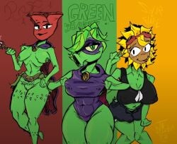 3girls green_shadow_(pvz) looking_at_viewer no_humans no_sex plant plantie plants_vs_zombies rose_(pvz) smirk solar_flare_(pvz)