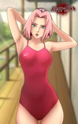 1girls armpit_fetish armpits arms_behind_head arms_up breasts clothed clothing female female_focus female_only fully_clothed green_eyes headband looking_at_viewer naruto naruto_(series) naruto_shippuden necroxxx one-piece_swimsuit open_mouth pale-skinned_female pale_skin petite pink_hair pink_swimsuit pose posing sakura_haruno short_hair slim small_breasts solo solo_female solo_focus standing swimsuit teenager thighs voluptuous wide_hips