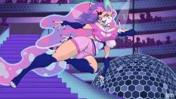 2026 4_arms anthro arthropod bee blue_body blue_fur blue_hair bottomwear breasts canid canine clothing crop_top demon female flying fox fur hellaverse helluva_boss hi_res hybrid hymenopteran insect_wings insects mammal multi_arm multi_limb multicolored_body multicolored_fur multicolored_hair nipples one_breast_out pink_eyes pink_hair queen_bee-lzebub_(helluva_boss) shirt shorts solo tongue topwear two_tone_body two_tone_hair white_body white_fur wings yawg yellow_body yellow_fur