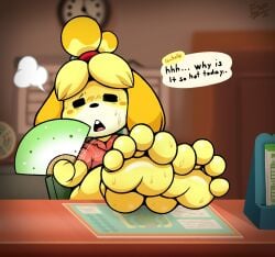 1girls 4_toes animal_crossing anthro blush blush_lines blush_stickers bodily_fluids canid canine canis dialogue domestic_dog electricsnowfox english_text feet female foot_fetish foot_focus heat_(temperature) hi_res humanoid_feet isabelle_(animal_crossing) mammal nintendo plantigrade soles soles_fetish speech_bubble sweat sweaty_feet tagme text toes