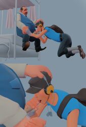 2boys bed blowjob civilian/vip_(team_fortress_2_classified) civilian_(team_fortress_2) clothes_on fat fat_male gay hand_on_head hat holding_hands human human_on_human light-skinned_male light_skin male male/male male_only mammal mature mature_male multiple_boys obese obese_male on_knees oral oral_sex overweight overweight_male penis penis_in_mouth scout_(team_fortress_2) sitting_on_bed skinny skinny_male team_fortress_2 team_fortress_2_classified yaoi