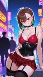 1girls ai_generated artist_name ayase_momo bare_shoulders black_choker black_thighhighs blush bra breasts brown_hair choker city cleavage closed_mouth collarbone corset dandadan earrings female garter_straps hair_between_eyes jewelry large_breasts looking_at_viewer miniskirt mole mole_on_breast mole_under_eye night night_sky outdoors patreon_logo patreon_username plaid plaid_skirt pleated_skirt red_bra red_eyes red_skirt short_hair skindentation skirt sky smile solo_focus star_(sky) starry_sky thighhighs thighs underwear wienergens zipper