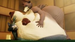 3d_(artwork) anthro ass beastars big_breasts big_butt bizzareraccoon breasts brown_body brown_fur canid canine detailed_background digital_media_(artwork) duo female fur grey_body grey_fur juno_(beastars) legoshi_(beastars) male male/female mammal morbidly_obese nipples nude obese overweight pinned pinned_to_ground thick_thighs