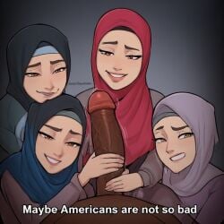 4females ai_generated alpha_male arabian arabian_female dark-skinned_male fivesome group handjob harem hijab horny huge_cock imminent_sex mesmerized slutty_female smug text veiny_penis