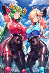 2_bodysuits 2girls ai_generated arm_up armpits belt blonde_hair blue_eyes bodysuit clouds crossover crowd crown from_below gloves green_eyes green_hair hand_on_hip jeff's_ai_lewds kid_icarus large_breasts latex long_hair looking_at_viewer mario_(series) multiple_girls novelai open_mouth palutena png princess_rosalina self_upload shiny_clothes shiny_skin skin_tight sky smile stadium super_smash_bros. sweat thigh_strap touching_another's_hip