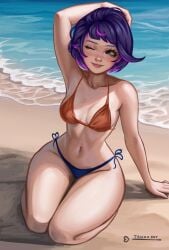 beach bikini bikini_bottom bikini_top blue_bikini_bottom juno_(overwatch) orange_bikini_top purple_hair sitting swimsuit swimwear