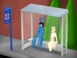absurd_res animal_genitalia animal_penis anthro big_penis blue_body breasts brown_stripes bus_stop bus_stop_sign domestic_bunny domestic_cat domestic_rabbit duo equine_genitalia equine_penis exhibitionism felid feline felis female fur genitals hi_res kim_(pscapturas) lagomorph leporid male male/female mammal nude oryctolagus penis plant pscapturas public public_exposure public_nudity public_place public_sex rabbit red_eyes road sex sitting size_difference size_play street stripes tree yellow_body yellow_fur