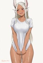 1girls animal_ears artist_name big_breasts blush bottomless breasts bunny_ears clothing collarbone covering covering_crotch dark-skinned_female dark_skin embarrassed eyelashes female female_focus female_only highres hips human kaydenart large_breasts long_hair looking_away looking_to_the_side miruko my_hero_academia nervous nervous_smile no_panties open_mouth pulling_shirt_down pussy_juice pussy_juice_trail red_eyes revealing_clothes rumi_usagiyama shiny_skin shirt shirt_only short_sleeves simple_background skimpy smile solo solo_female sweat sweatdrop t-shirt t-shirt_only teeth thighs tongue voluptuous watermark white_background white_hair